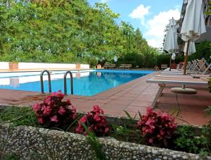 a pool at a resort with flowers and umbrellas at Dream Rome Aurelia apt pool&parking in Rome
