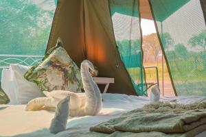 zwei ausgestopfte Schwäne auf einem Bett in der Unterkunft Khwai Mokoro Safaris and Campsites in Khwai