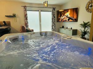 a large jacuzzi tub in a room with a fireplace at Le cocon de pernelle in Couvin