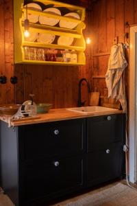 ヴェルケー・カルロヴィツェにあるChata u studánkyのシンクと皿や食器が置かれたカウンターのあるキッチン