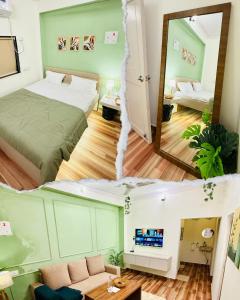 two pictures of a room with a bed and a mirror at Coco villa in Pālghar