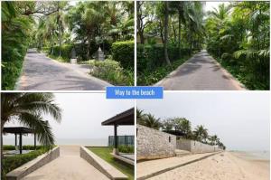 a collage of four pictures of a road with palm trees at Hua Hin Blue Lagoon Island Villa A Family Paradise in Ban Nong Chaeng