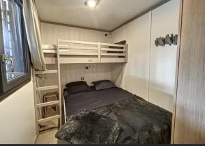 a small bedroom with a bunk bed and a ladder at Le Cottage de Laura Jullouville 6 pers in Jullouville-les-Pins +9 photos