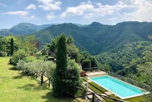 une piscine dans un champ avec des montagnes en arrière-plan dans l'établissement Ferienhaus In Vergemoli Mit Schönem Kamin, à Vergemoli 14 autres photos