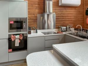eine Küche mit Küchengeräten aus Edelstahl und Holzwänden in der Unterkunft Centilen Pedr - Daffodil - Ukc7078 in Mydroilin