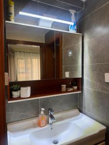 a bathroom with a sink and a mirror at Enzi Apartment Block A in Nairobi