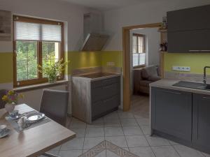 eine Küche mit einem Waschbecken und einem Tisch mit einem sidx sidx in der Unterkunft Ferienwohnung in Bad Elster mit Grill, Terrasse und Garten in Bad Elster + 4 Fotos