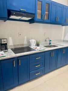LimpioCASA San Miguel Lodge & pool的蓝色的厨房,配有水槽和蓝色的橱柜