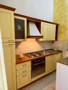 une cuisine avec des armoires en bois et un four à plaques de cuisson dans l'établissement Il Granaio del Barone, à Casal Velino