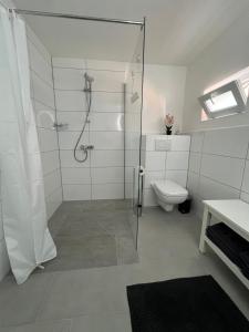 une salle de bain avec douche et toilettes dans l'établissement Schöne helle Wohnung, à Kerpen