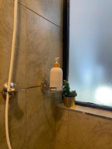 una ducha con dispensador de jabón en un estante en un baño en Purespace Luxury, en Nairobi