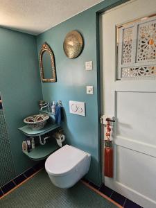 ein Badezimmer mit einer weißen Toilette und einer grünen Wand in der Unterkunft Chalet Tannegüetli in Grindelwald