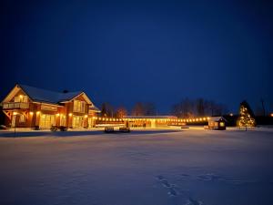 LyuganuseKarukella puhkemaja的一座晚上在雪中点亮的建筑