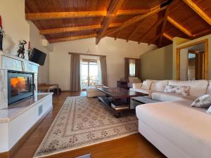 ein Wohnzimmer mit Sofa und Fernseher in der Unterkunft Double view apartment in Kórinthos