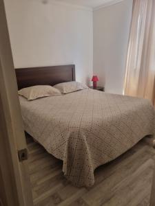 a bedroom with a bed with a comforter at Departamento elsa ramitez in Ovalle