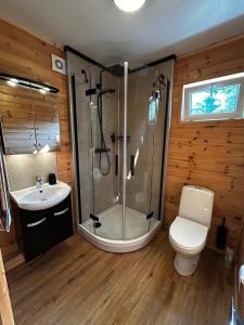 ein Badezimmer mit Dusche, Toilette und Waschbecken in der Unterkunft Hamgården Nature Resort Tiveden in Tived