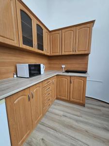 eine Küche mit Holzschränken und einer Mikrowelle in der Unterkunft Cozy studio in Cracow in Krakau