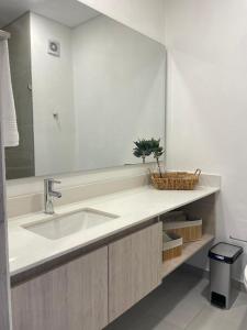 圣玛尔塔Frente al mar ,vista panoramica, acceso a la playa的浴室里有洗手池和镜子