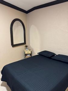 Santa Cruz TecamacCasa Blanca的带蓝色床和窗户的卧室