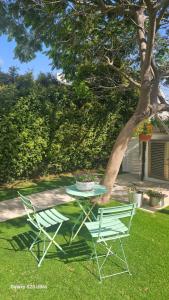 two chairs and a table in a yard with a tree at הבית בשביל הזהב in Caesarea +2 photos