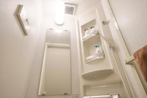 ein Badezimmer mit Dusche, Waschbecken und Spiegel in der Unterkunft Sen Yokohama 2K house near Bandobashi Sta 横浜阪東橋 in Yokohama