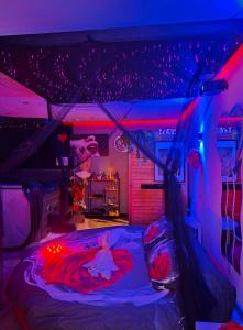 - une chambre dotée d'un lit avec des lumières rouges et bleues dans l'établissement spa privatif Dydy's love saint amand les eaux, à Lecelles 39 autres photos