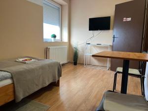 Cette chambre comprend un lit, une table et une télévision. dans l'établissement Sobe Zoka, à Subotica