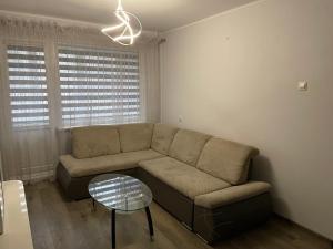 ein Wohnzimmer mit Sofa und Tisch in der Unterkunft Big apartment for four in Klaipėda + 6 Fotos