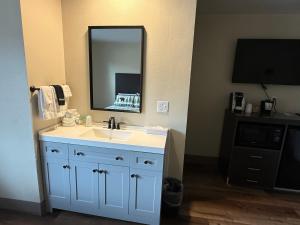 ein Badezimmer mit einem blauen Waschbecken und einem Spiegel in der Unterkunft Winthrop Inn in Winthrop + 33 Fotos