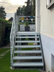 a staircase with potted plants on the side of a house at Chez F & G in Sélestat +1 photo