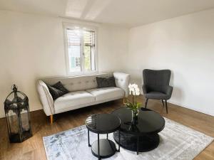 a living room with a couch and a table and a chair at 3-Zimmer-Apartment mit Terrasse, 5 Min zu Bahn & Shops in Luterbach