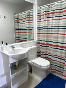 uma casa de banho com um lavatório, um WC e uma cortina de chuveiro. em 2 habitaciones 1 baño- a pasos de restaurantes centros comerciales em Rancagua mais 8 fotografias