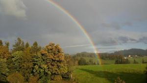 Un arcoíris en el cielo con un campo y árboles. en Steinern, en Ufhusen 10 fotos más