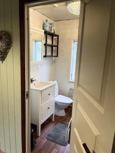 un bagno con un water bianco e un lavandino di NorrskensRo a Kiruna