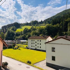 a building with a green lawn in front of a mountain at Haus Vranjes in Rosenau am Hengstpass