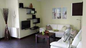 ein Wohnzimmer mit einem weißen Sofa und einem Fernseher in der Unterkunft Ferienhaus für 4 Personen ca 85 qm in Garz auf Usedom, Ostseeküste Deutschland Usedom in Garz