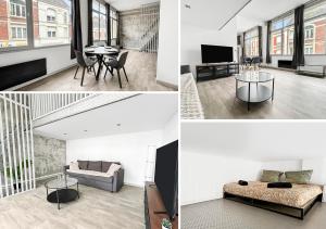 four images of a living room and a dining room at Loft cosy, Canapé-lit & Mezzanine, cœur de Cambrai in Cambrai