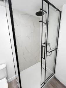 a shower with a glass door in a bathroom at Loft cosy, Canapé-lit & Mezzanine, cœur de Cambrai in Cambrai +16 photos