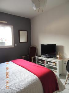 a bedroom with a bed and a flat screen tv at Les Coquelicots Chambre d' hote avec grand lit et salle d'eau privative pour une persone ou un couple in Vern-sur-Seiche