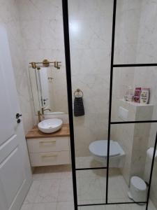 a bathroom with a toilet and a sink at Apartament Suceava in Ipoteşti +5 photos