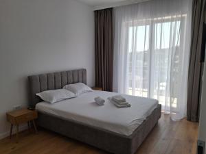 a bedroom with a bed and a large window at Apartament Suceava in Ipoteşti