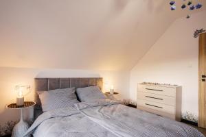 une chambre avec un grand lit et une commode dans l'établissement Domki u Duszy Wielka Dusza, à Brenna