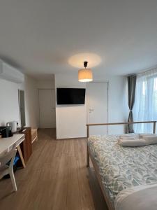 Un dormitorio con cama, escritorio y televisión. en B&B Sayonara, en Chieti