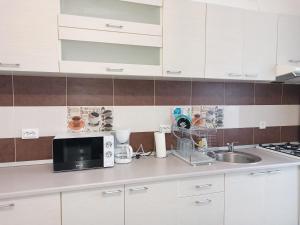 a kitchen counter with a microwave and a sink at Apartament Royal in Şelimbăr