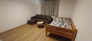 ein Wohnzimmer mit einer Couch und einem Bett in der Unterkunft KaTi Hiša 