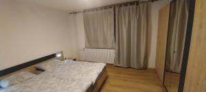 ein kleines Schlafzimmer mit einem Bett und einem Fenster in der Unterkunft KaTi Hiša 