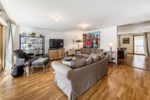 a living room with a couch and a tv at La Coupole in Évian-les-Bains