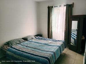 Schlafzimmer mit einem Bett, einem Fenster und einem Spiegel in der Unterkunft Casa Bellas Artes in Irapuato