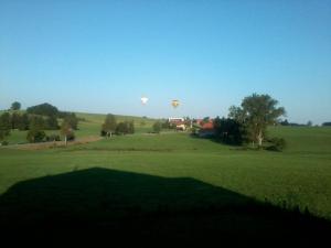 two hot air balloons flying over a green field at Wohnung Mit Großer Gartenterrasse Und Ausblick in Argenbühl +20 photos