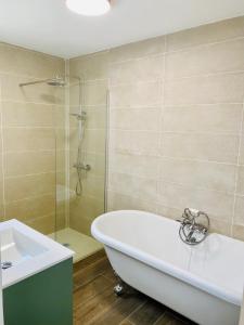 a bathroom with a tub and a shower and a sink at Letoilevelli in Salazie
